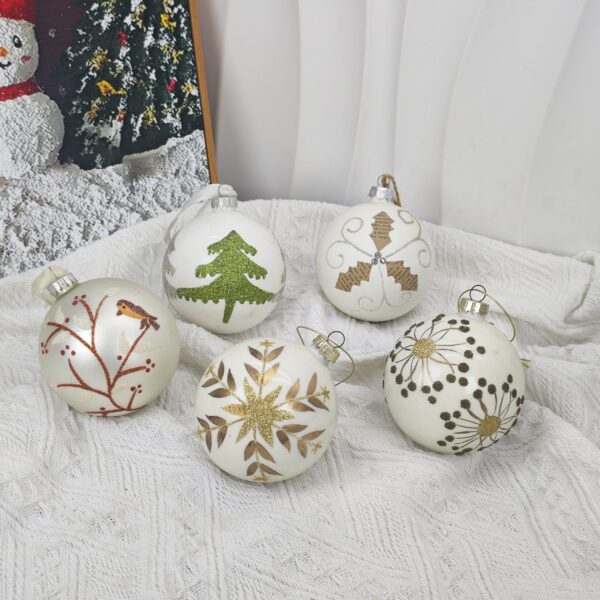 Hand-Painted White 80mm Christmas Glass Ball Hanging Ornament Set of 5