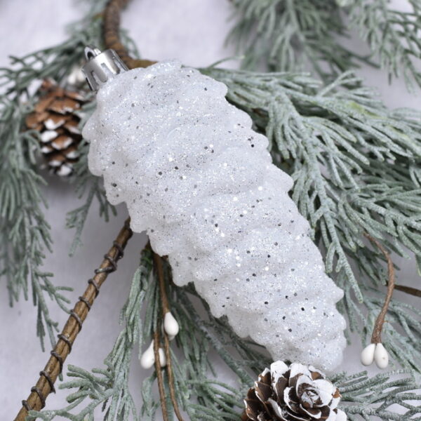 Shatterproof White Glitter Pine Cone Christmas Ornament (Set of 4) – 5 x 11 cm