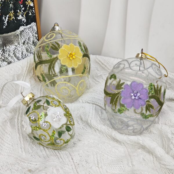 Hand-Painted Light Yellow 8cm Glass Christmas Ball Ornament with Green Leaf Design 3 Pieces