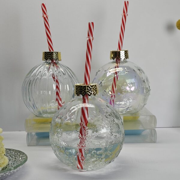Winter Atelier Spherical Glass Juice Bottle with Straw Set of 3